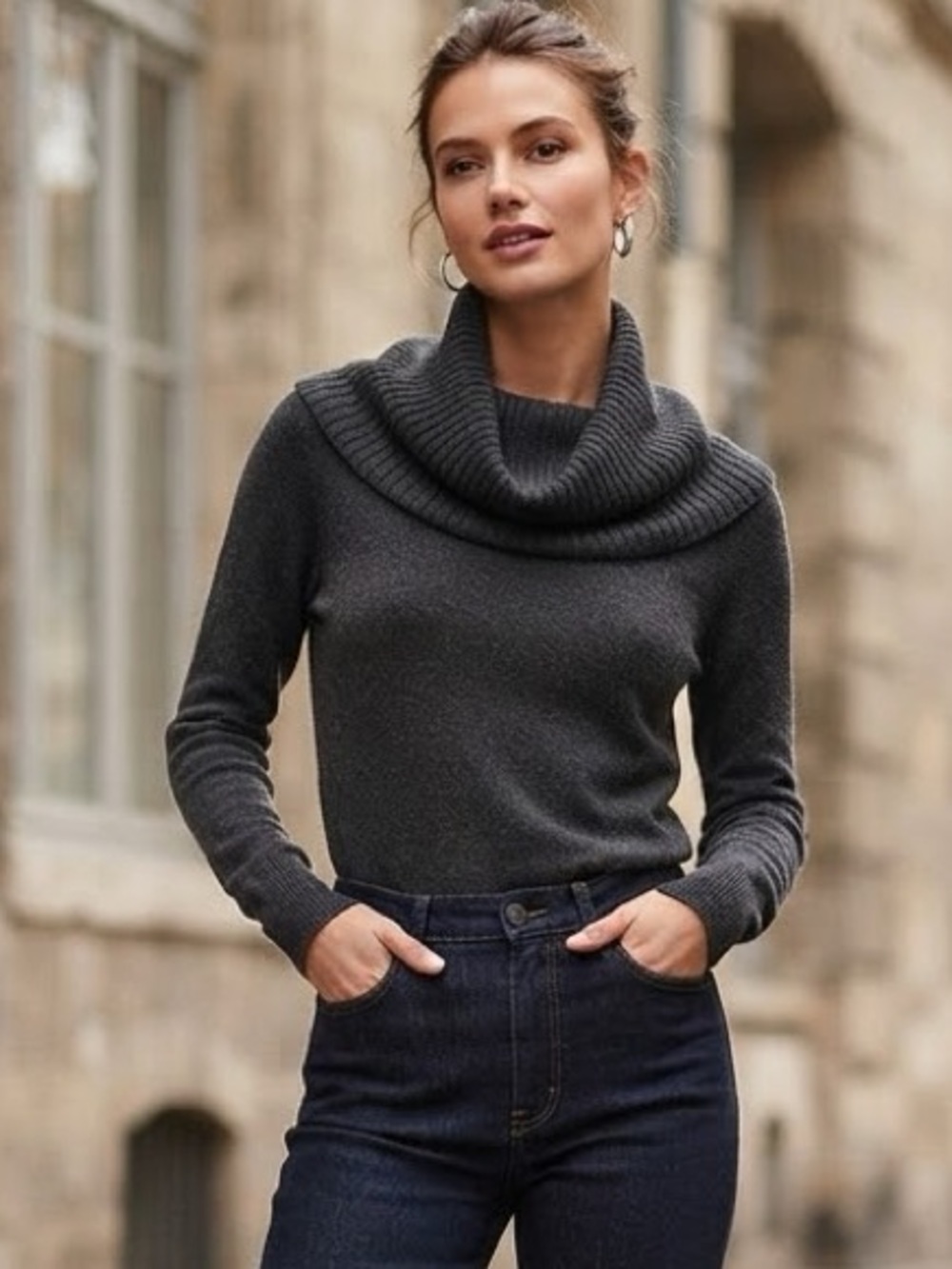 GAP Wool Blend sz XS Charcoal Gray Cowl Neck Knit Sweater Womens Minimalist